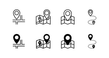 Haritalar ve iğne simgeleri ayarlandı. konum işareti ve sembol. coğrafi konum, imleç simgesi.