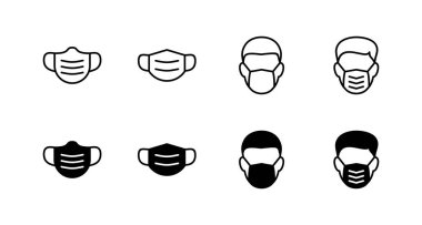 Maske simgeleri ayarlandı. Tıbbi maske işareti ve sembol. Maske ikonlu erkek yüzü. Güvenli nefes maskesi