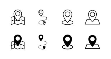 Haritalar ve iğne simgeleri ayarlandı. konum işareti ve sembol. coğrafi konum, imleç simgesi.