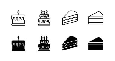 Kek simgeleri ayarlandı. Pasta işareti ve sembol. Doğum günü pastası simgesi