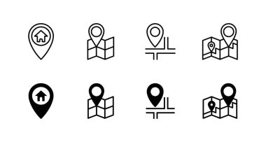 Haritalar ve iğne simgeleri ayarlandı. konum işareti ve sembol. coğrafi konum, imleç simgesi.