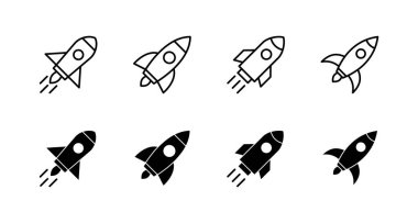 Roket simgeleri ayarlandı. Başlangıç işareti ve sembol. roket fırlatma simgesi