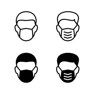Maske simgeleri vektörü. Tıbbi maske işareti ve sembol. Maske ikonlu erkek yüzü. Güvenli nefes maskesi