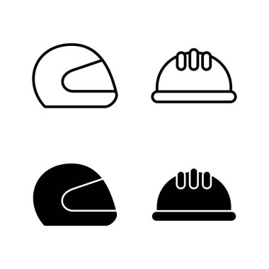 Kask simgeleri vektörü. Motosiklet kaskı tabelası ve sembolü. İnşaat miğferi simgesi. Güvenlik kaskı