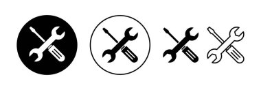 Web ve mobil uygulama için simge vektörünü onar. araç işareti ve sembol. Simge ayarlanıyor. İngiliz anahtarı ve tornavida. Servis