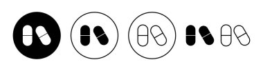 İnternet ve mobil uygulama için hap ikonu ayarlandı. Kapsül simgesi. Uyuşturucu işareti ve sembol
