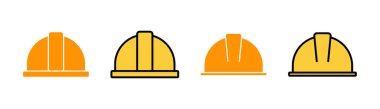 Web ve mobil uygulama için kask simgesi ayarlandı. Motosiklet kaskı tabelası ve sembolü. İnşaat miğferi simgesi. Güvenlik kaskı