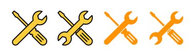 Web ve mobil uygulama için tamir araçları simgesi ayarlandı. araç işareti ve sembol. Simge ayarlanıyor. İngiliz anahtarı ve tornavida. Servis