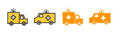 Web ve mobil uygulama için ambulans simgesi ayarlandı. Ambulans kamyonu işareti ve sembol. Ambulans arabası