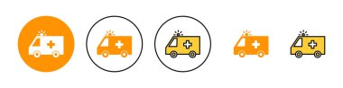 Web ve mobil uygulama için ambulans simgesi ayarlandı. Ambulans kamyonu işareti ve sembol. Ambulans arabası
