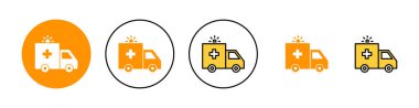 Web ve mobil uygulama için ambulans simgesi ayarlandı. Ambulans kamyonu işareti ve sembol. Ambulans arabası