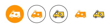 Web ve mobil uygulama için ambulans simgesi ayarlandı. Ambulans kamyonu işareti ve sembol. Ambulans arabası