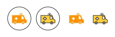Web ve mobil uygulama için ambulans simgesi ayarlandı. Ambulans kamyonu işareti ve sembol. Ambulans arabası