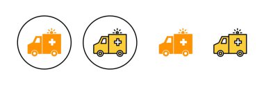 Web ve mobil uygulama için ambulans simgesi ayarlandı. Ambulans kamyonu işareti ve sembol. Ambulans arabası