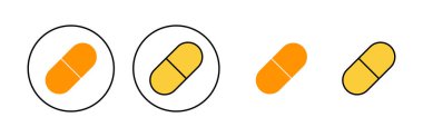 İnternet ve mobil uygulama için hap ikonu ayarlandı. Kapsül simgesi. Uyuşturucu işareti ve sembol
