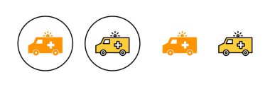 Web ve mobil uygulama için ambulans simgesi ayarlandı. Ambulans kamyonu işareti ve sembol. Ambulans arabası
