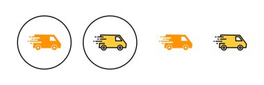 Web ve mobil uygulama için kargo kamyonu simgesi ayarlandı. Teslimat kamyonu işareti ve sembol. Hızlı dağıtım simgesi gönderiliyor