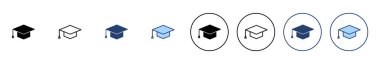Eğitim ikonu vektörü. Mezuniyet şapkası işareti ve sembol. Mezun olmak. Öğrenci şapkası