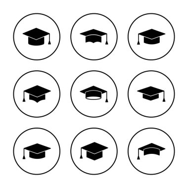 Eğitim ikonu vektörü. Mezuniyet şapkası işareti ve sembol. Mezun olmak. Öğrenci şapkası