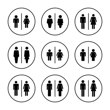 Tuvalet ikonu vektörü. Kızlar ve erkekler tuvaletleri imzalar ve simgeler. Banyo tabelası. wc, tuvalet