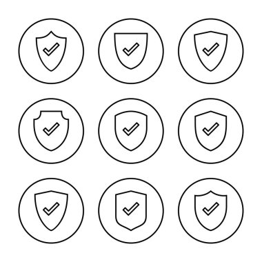 Kalkan kontrol simgesi vektörü. Koruma onayı işareti. Sigorta simgesi