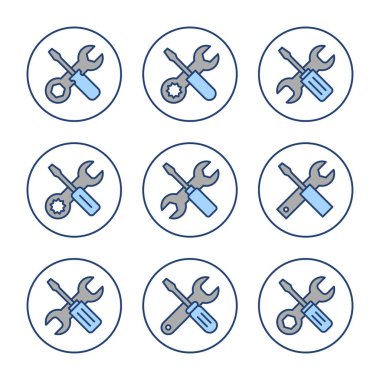 Alet ikon vektörünü onar. araç işareti ve sembol. Simge ayarlanıyor. İngiliz anahtarı ve tornavida. Servis