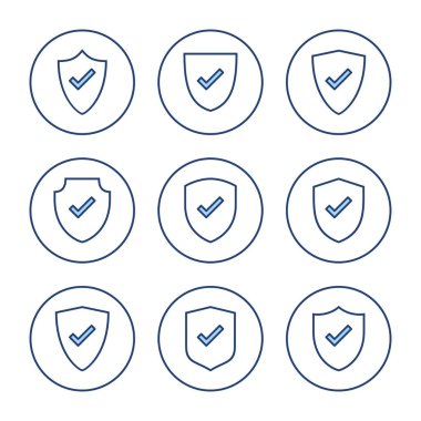 Kalkan kontrol simgesi vektörü. Koruma onayı işareti. Sigorta simgesi