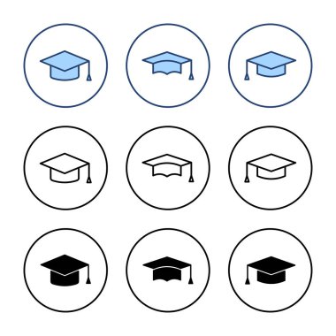 Eğitim ikonu vektörü. Mezuniyet şapkası işareti ve sembol. Mezun olmak. Öğrenci şapkası