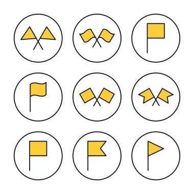 Bayrak simgesi kümesi vektörü. GPS yer kodu haritası. Konum belirleyici simgesi.