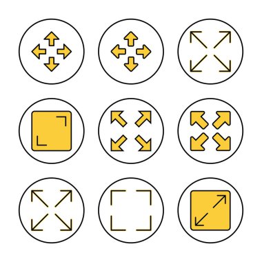 Tam ekran simge vektörü. Tam ekran işareti ve simgeye genişlet. Oklar sembolü