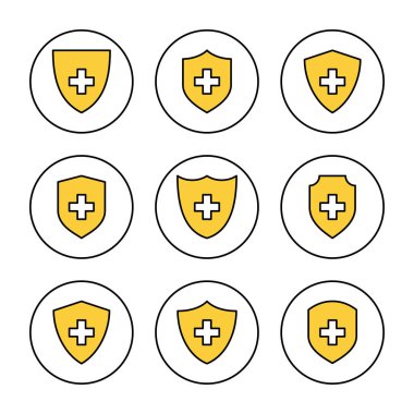 Sağlık sigortası ikonu vektörü belirlendi. Sigorta belgesi imzası ve sembolü