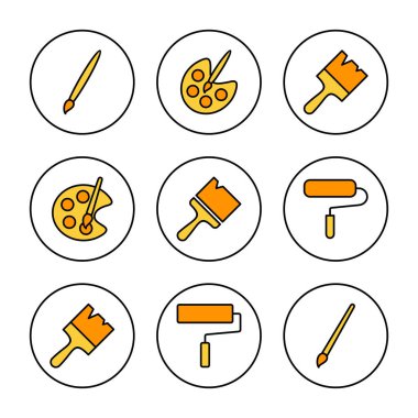 Boya simgesi kümesi vektörü. Boya fırçası işareti ve sembol. boyama silindiri vektörü