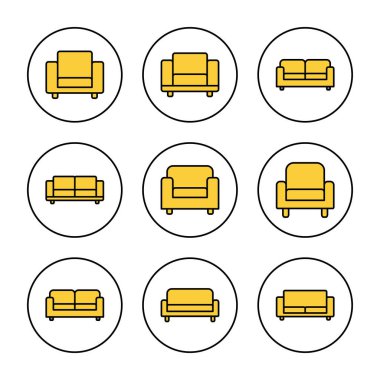 Koltuk simgesi kümesi vektörü. Kanepe işareti ve sembol. mobilya simgesi