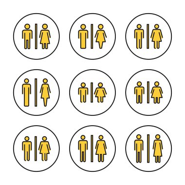 Tuvalet ikonu vektörü ayarlandı. Kızlar ve erkekler tuvaletleri imzalar ve simgeler. Banyo tabelası. wc, tuvalet