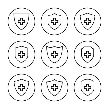 Sağlık sigortası ikonu vektörü belirlendi. Sigorta belgesi imzası ve sembolü