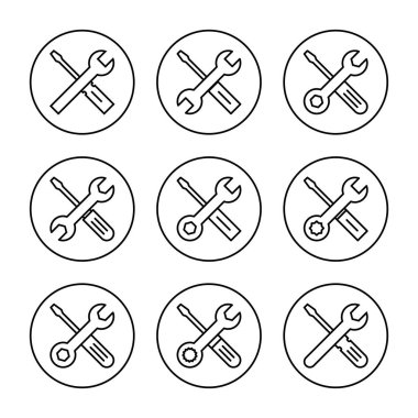 Onarım araçları simgesi ayarlı vektör. araç işareti ve sembol. Simge ayarlanıyor. İngiliz anahtarı ve tornavida. Servis