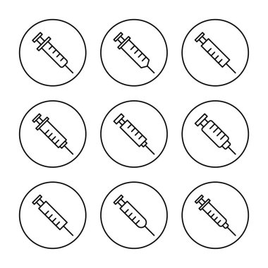 Şırınga ikonu kümesi vektörü. İğne işareti ve sembol. Aşı simgesi