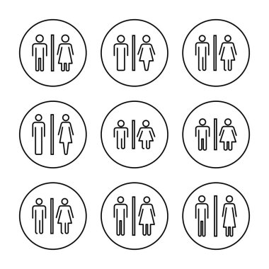 Tuvalet ikonu vektörü ayarlandı. Kızlar ve erkekler tuvaletleri imzalar ve simgeler. Banyo tabelası. wc, tuvalet