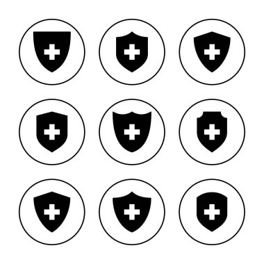 Sağlık sigortası ikonu vektörü belirlendi. Sigorta belgesi imzası ve sembolü