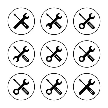 Onarım araçları simgesi ayarlı vektör. araç işareti ve sembol. Simge ayarlanıyor. İngiliz anahtarı ve tornavida. Servis