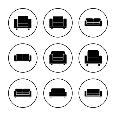 Koltuk simgesi kümesi vektörü. Kanepe işareti ve sembol. mobilya simgesi