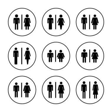 Tuvalet ikonu vektörü ayarlandı. Kızlar ve erkekler tuvaletleri imzalar ve simgeler. Banyo tabelası. wc, tuvalet