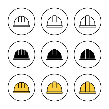 Kask simgesi kümesi vektörü. Motosiklet kaskı tabelası ve sembolü. İnşaat miğferi simgesi. Güvenlik kaskı