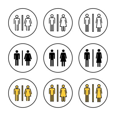 Tuvalet ikonu vektörü ayarlandı. Kızlar ve erkekler tuvaletleri imzalar ve simgeler. Banyo tabelası. wc, tuvalet