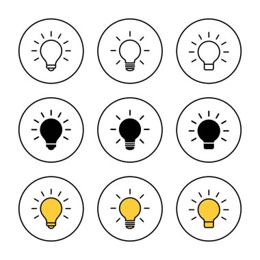Lamba simgesi kümesi vektörü. Ampul işareti ve sembol. fikir sembolü.