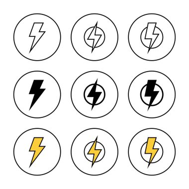 Şimşek simgesi küme vektörü. Elektrik işareti ve sembol. Güç simgesi. enerji işareti