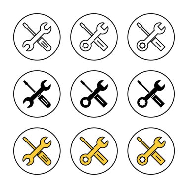 Onarım araçları simgesi ayarlı vektör. araç işareti ve sembol. Simge ayarlanıyor. İngiliz anahtarı ve tornavida. Servis