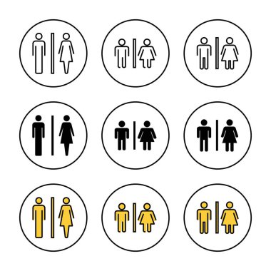 Tuvalet ikonu vektörü ayarlandı. Kızlar ve erkekler tuvaletleri imzalar ve simgeler. Banyo tabelası. wc, tuvalet