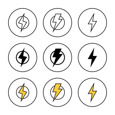 Şimşek simgesi küme vektörü. Elektrik işareti ve sembol. Güç simgesi. enerji işareti