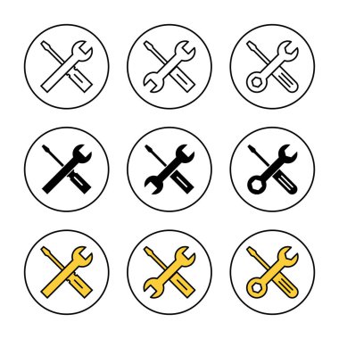 Onarım araçları simgesi ayarlı vektör. araç işareti ve sembol. Simge ayarlanıyor. İngiliz anahtarı ve tornavida. Servis
